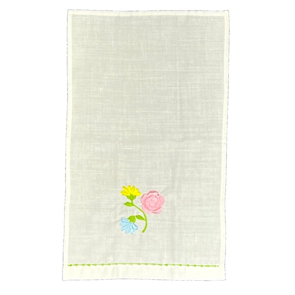 VTG kitchen Tea towel linen offWhite Embroidered Flower 19 1/2" x 11 1/2" Kitchy - Picture 2 of 7